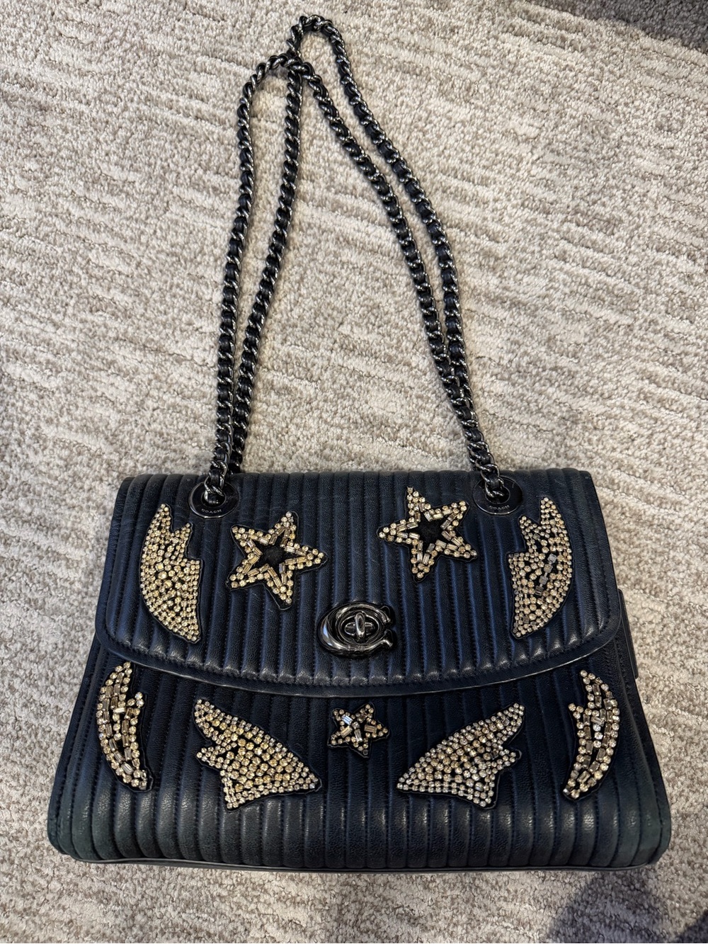 Coach Black Quilted Shoulder Bag with Gold Stud Star & Wing Accents